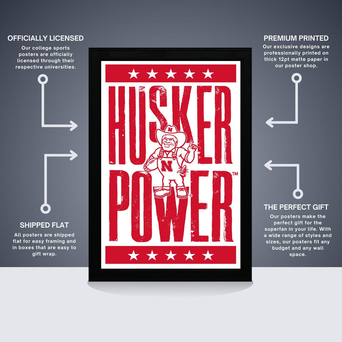 The image is a poster featuring the word "HUSKER" in large red letters, with a smaller "POWER" below it. The poster is described as " Officially licensed" and "Premium printed", indicating that it is a high-quality, professionally printed poster. The poster is also referred to as a "Shipped flat" and "The perfect gift", suggesting that it is a thoughtful and attractive gift option.