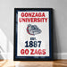 A framed poster with the text "GONZAGA UNIVERSITY EST. 1887 GO ZAGS" and a bulldog logo, indicating the university's establishment year and its affiliation with the Go Zags football team.