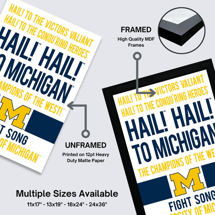The image is a framed poster advertising a Michigan football team, with a focus on the team's victory over the victorious heroes.