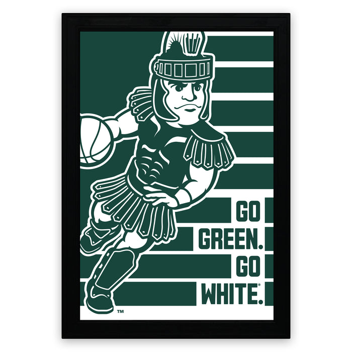 A framed poster featuring a cartoon character in a green and white outfit, holding a basketball and wearing a helmet, with the text "GO GREEN. GO WHITE." displayed below.