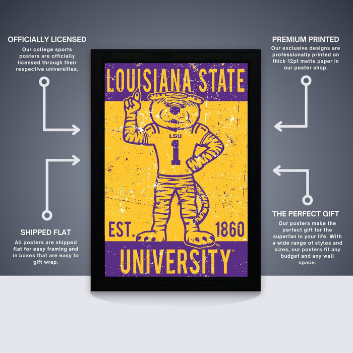 The image is a framed poster featuring the LSU tiger mascot, which is a college sports poster. The poster is labeled as " Officially Licensed" and "Premium Printed". It is a flat-profile poster with a distressed, vintage look. The poster is designed to be a perfect gift for the university, as it is a college sports poster with a unique design.
