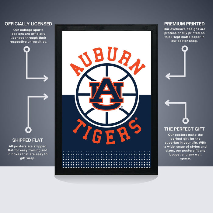The image is a poster featuring the logo and name of the Auburn Tigers, a college sports team. The poster is described as " Officially Licensed" and "Premium Printed", indicating that it is a high-quality, professionally printed poster. The poster is also described as "Shipped Flat" and "The Perfect Gift", suggesting that it is a convenient and attractive gift option for fans of the Auburn Tigers.