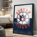A framed poster with the text "AUBURN TIGERS" and a basketball logo, displayed on a wall in a bedroom.