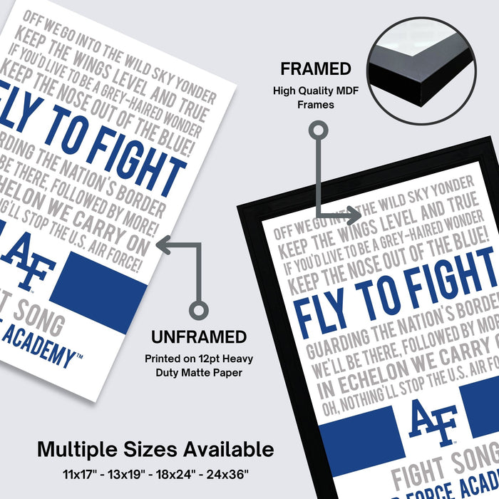 The image is a promotional poster for the Air Force Academy, featuring the words "Fly to Fight" in a bold, blue font. The poster is framed and unframed, with the framed version highlighting the high-quality MDF frames. The poster is available in multiple sizes, including 11x17, 13x19, 18x24, and 24x36" frames.