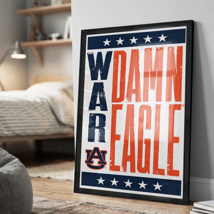 a framed poster with the text "WAR DAMN EAGLE" in bold, orange and blue letters.