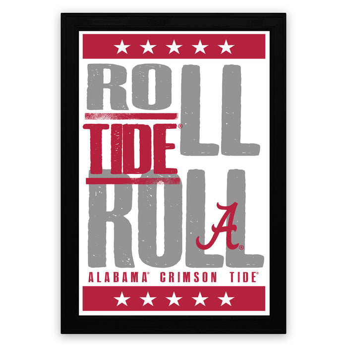 The image is a framed poster with the text "ROLL TIDE A" prominently displayed in the center. The text is in a bold, red and gray color scheme, and the word "ALABAMA" is also visible. The poster appears to be a promotional or celebratory piece, likely related to the Alabama Crimson Tide football team.