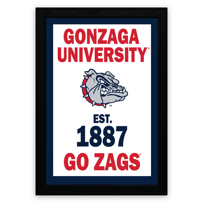 The image is a framed poster featuring the logo and text for Gonzaga University, which is the home of the University of Washington's Go Zags.