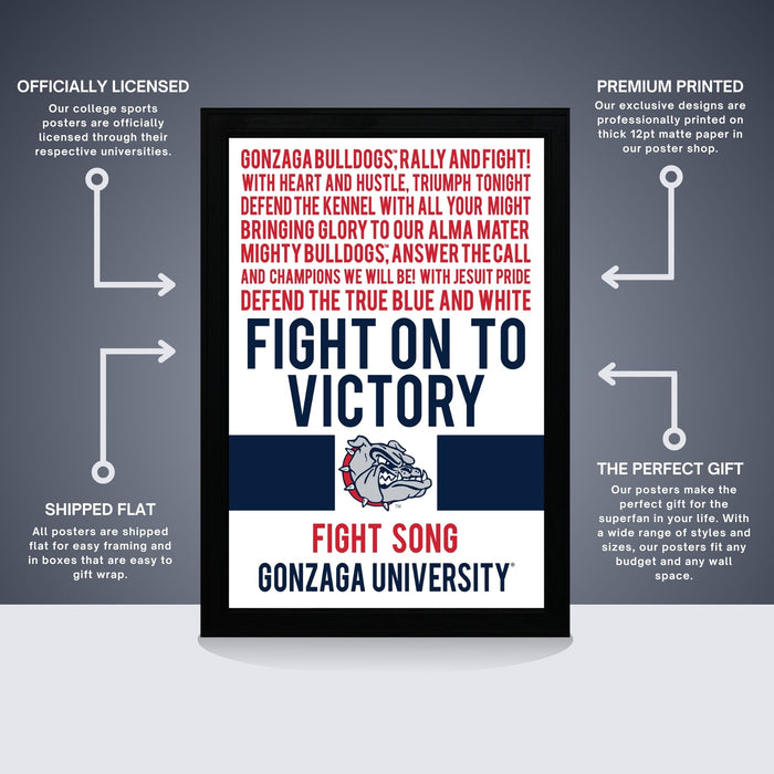 The image is a poster for Gonzaga University's football team, featuring a bulldog logo and text promoting the team's victory.