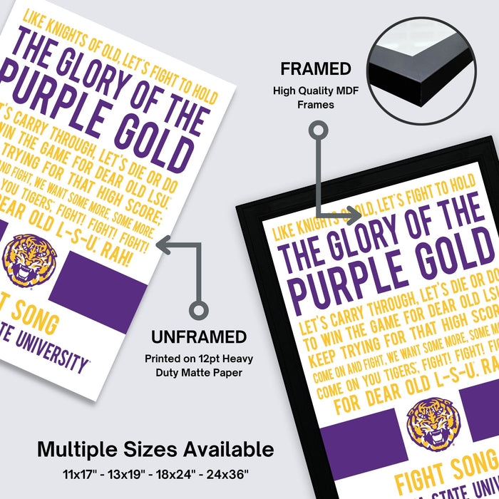 The image is a promotional poster for a university, featuring the university's logo and text. The poster is framed and unframed, with the framed version highlighting its high-quality MDF material and the unframed version emphasizing its printed on 12pt heavy duty matte paper. The poster is available in multiple sizes, including 11x17, 13x19, 18x24, and 24x36", and it promotes the university's fight song.