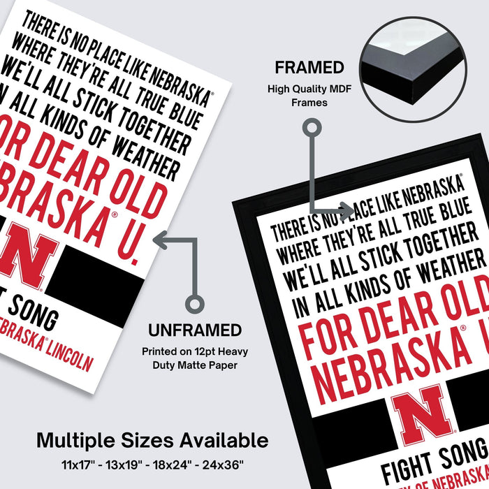 The image is a framed poster featuring the text "There is no place like Nebraska" and "We'll all stick together" in red and black lettering. The poster is framed with a black border and is printed on a heavy duty matte paper. The poster is available in multiple sizes, including 11x17, 13x19, 18x24, and 24x36" frames.
