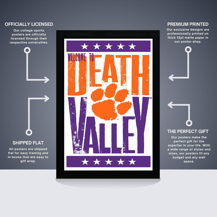 The image is a poster for "Death Valley", featuring a large orange and purple text with a paw print design. The poster is described as " Officially licensed" and "Premium printed", indicating that it is a high-quality, professionally printed poster. The poster is also described as "Shipped flat" and "The perfect gift", suggesting that it is a thoughtful and attractive gift option.