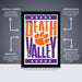 The image is a poster for "Death Valley", featuring a large orange and purple text with a paw print design. The poster is described as " Officially licensed" and "Premium printed", indicating that it is a high-quality, professionally printed poster. The poster is also described as "Shipped flat" and "The perfect gift", suggesting that it is a thoughtful and attractive gift option.