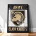 a framed poster with the text "ARMY BLACK KNIGHTS" and a graphic of a helmet with a sword.