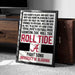 a framed poster with text that reads "For Bama's Pluck and Grit Have WRIT HER NAME IN CRIMSON FLAME FIGHT ON, FIGHT ON, FIGHT ON MEN! REMEMBER THE ROSE BOWL, WE'LL WIN THEN GO, ROLL TO VICTORY, HIT YOUR STRIDE, YOU'RE DIXIE'S FOOTBALL PRIDE CRIMSON TIDE, ROLL TIDE". The poster is placed on a carpeted floor next to a wooden chest.