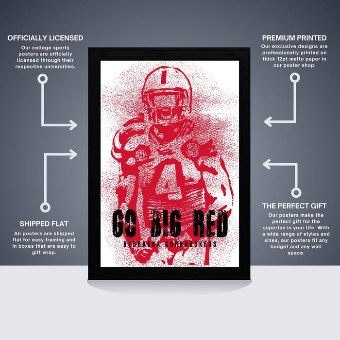 The image is a poster featuring a football player in a red uniform with the text "Go Big Red" and "Nebraska Cornhuskers" printed on it. The poster is described as " Officially licensed" and "Premium printed", indicating that it is a high-quality, professionally printed poster. The poster is also described as a "Shipped flat" and "The perfect gift", suggesting that it is a thoughtful and practical gift option.