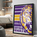 A framed poster of the LSU (Louisiana State University) football team, specifically the "Bengals", is displayed on a wall in a bedroom.