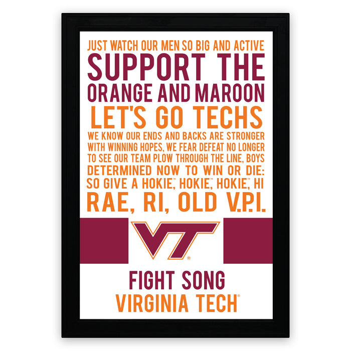 The image is a framed poster with text that encourages people to support Virginia Tech, a university known for its engineering and technology programs. The text highlights the university's achievements and emphasizes the importance of supporting the team in their endeavors.