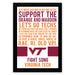 The image is a framed poster with text that encourages people to support Virginia Tech, a university known for its engineering and technology programs. The text highlights the university's achievements and emphasizes the importance of supporting the team in their endeavors.