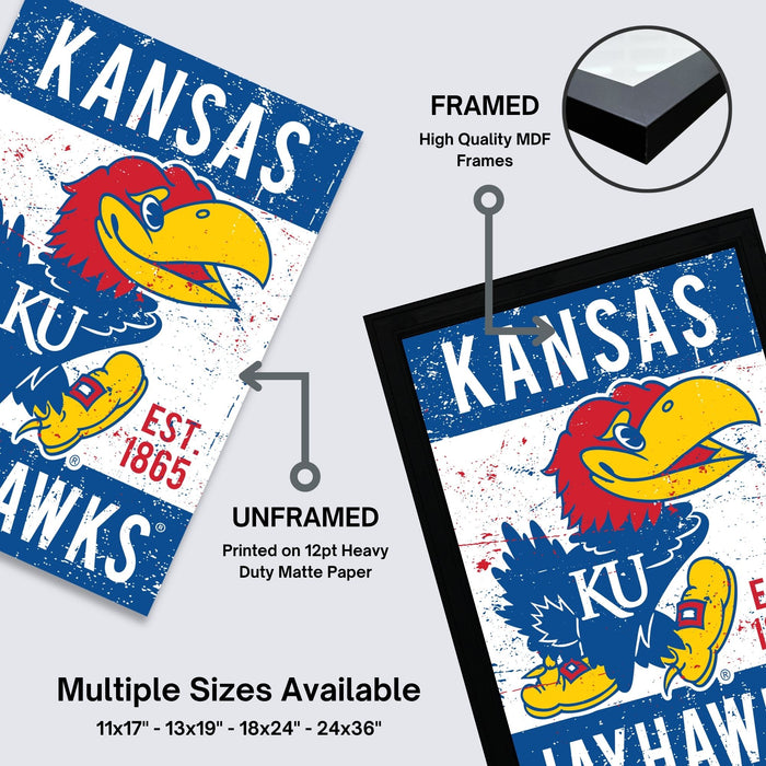 The image is a framed poster of the Kansas University Kawasaks, featuring the team's logo and colors. The poster is framed with high-quality MDF frames, and it is available in multiple sizes, including 11x17, 13x19, 18x24, and 24x36" frames.