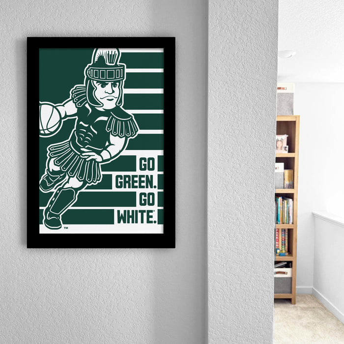 a framed poster of a character in a green and white outfit, with the text "GO GREEN. GO WHITE." displayed on it.