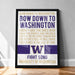 The image is a framed poster with text that reads "BOW DOWN TO WASHINGTON BOW DOWN TO WASHINGTON MIGHTY ARE THE ONES WHO WEAR THE PURPLE AND THE GOLD JOYFULLY WE WELCOME THEM WITHIN THE VICTOR'S FOLD, WE WILL CARVE THEIR NAMES IN THE HALL OF FAME". The poster is displayed on a wall, and there is a wooden floor in the background.