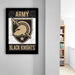 a framed poster of the Army Black Knights logo, which is a shield with a helmet and a sword, mounted on a wall.