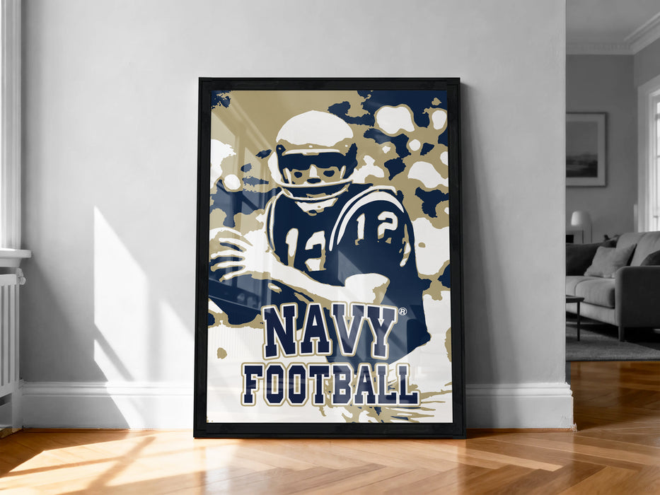 A framed poster featuring a football player in a navy uniform, with the text "NAVY FOOTBALL" prominently displayed.
