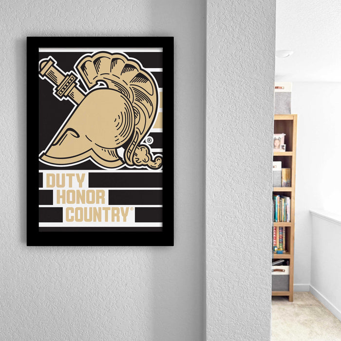 a framed poster with a stylized helmet and the text "DUTY Honor Country" on it, hanging on a wall.