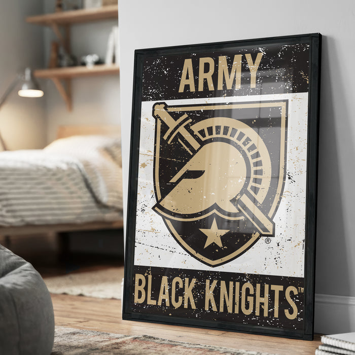 a framed poster with the text "ARMY BLACK KNIGHTS" and a graphic of a helmet with a sword.