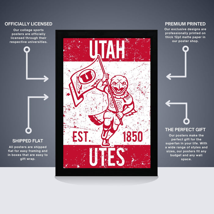 The image is a poster featuring the logo and name of the University of Utah. It is a college sports poster that is officially licensed and is a premium printed poster. The poster is shipped flat and comes in boxes that are easy to gift wrap.