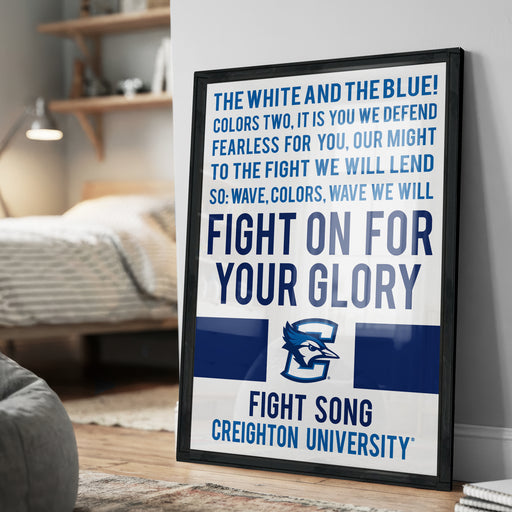 a framed poster with a motivational message about fighting for one's glory, displayed in a bedroom setting.