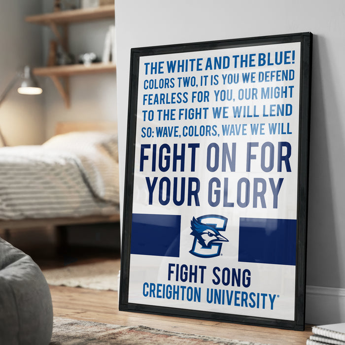 a framed poster with a motivational message about fighting for one's glory, displayed in a bedroom setting.