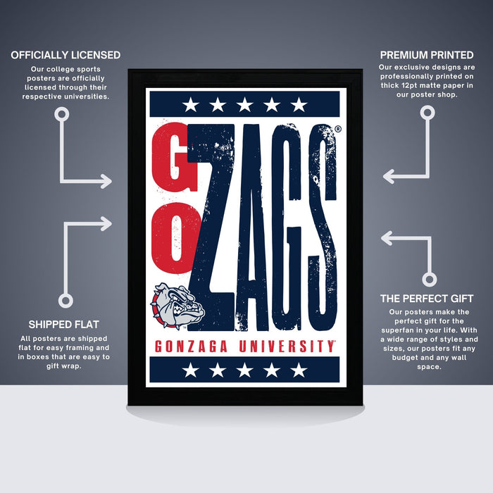 The image is a poster for Gonzaga University featuring the word "GONZAGA UNIVERSITY" in bold letters. The poster is described as " Officially licensed" and " Premium printed", indicating that it is a high-quality, professionally printed poster. The poster is also referred to as a "Shipped flat" and "The perfect gift", suggesting that it is a thoughtful and practical gift option for college students.