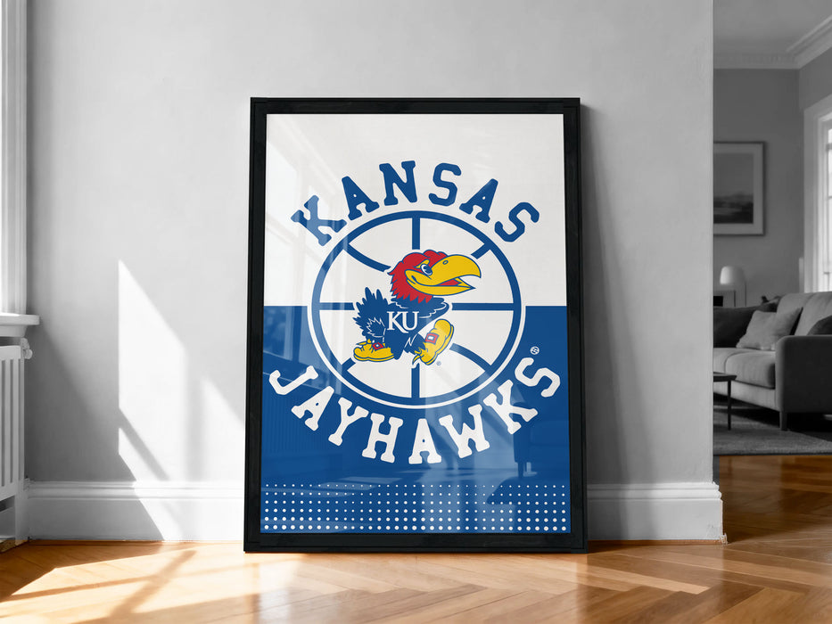 A framed poster of the Kansas Jayhawks basketball team, featuring the team's logo and name.