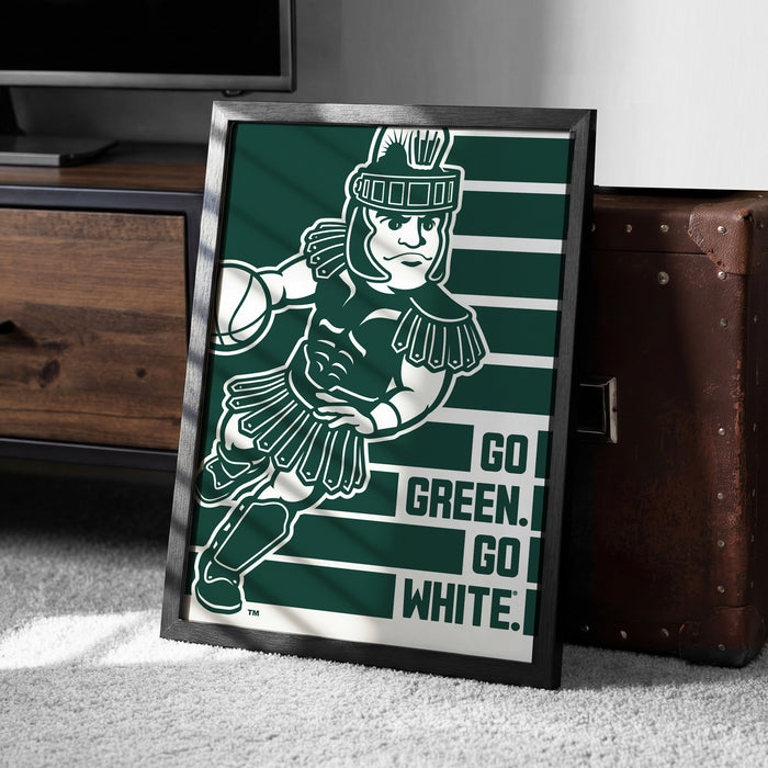 A framed poster featuring a cartoon character in a green outfit, with the text "GO GREEN. GO WHITE." displayed below the character.