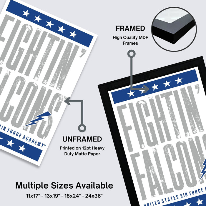 The image is a promotional poster for the United States Air Force Academy, featuring the words "FIGHTIN' ICONS" and "FIGHTIN' FALCONS" prominently displayed. The poster is framed and unframed, with the framed version labeled as "FRAMED High Quality MDF Frames". The poster is available in multiple sizes, including 11x17, 13x19, 18x24, and 24x36", and is printed on 12pt heavy duty matte paper.