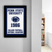 A framed poster on a wall displaying the text "Penn State University 1986 College Football National Champions" with the Penn State University logo.