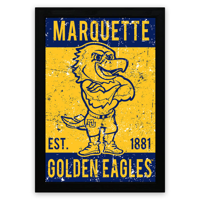 a framed poster with a graphic of a bird, likely representing a mascot or symbol associated with Marquette University.