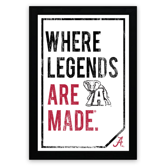a framed poster with the text "WHERE LEGENDS ARE MADE" and an elephant graphic.