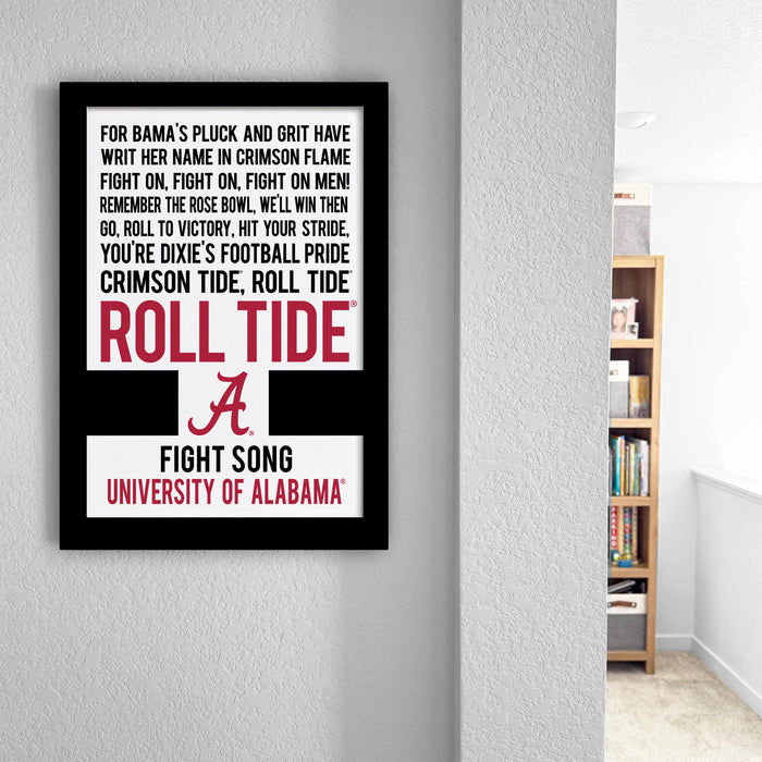 a room with a book shelf and a poster on the wall
