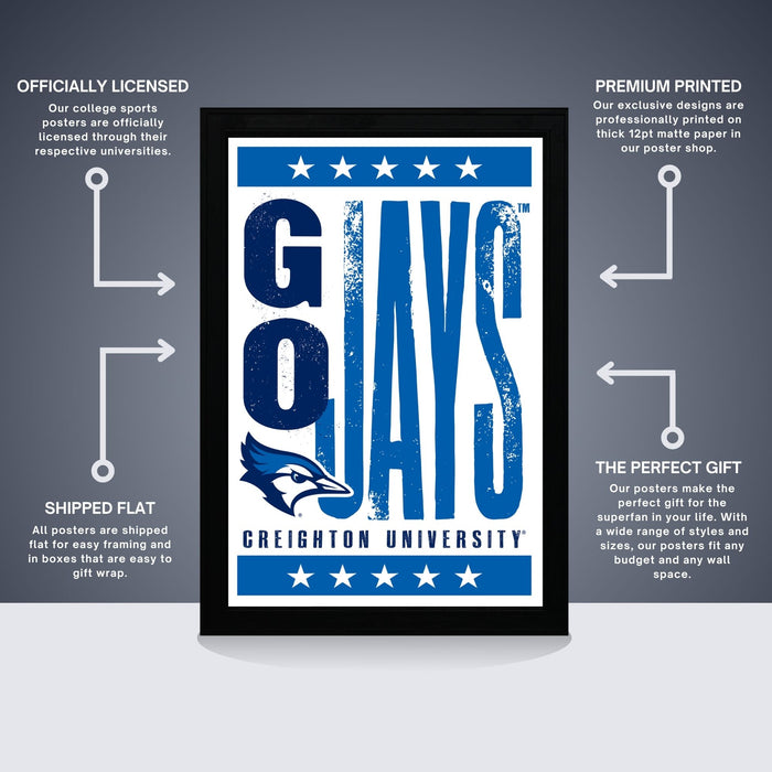 The image is a framed poster featuring the logo and name of Creighton University, with text providing information about the poster's features.