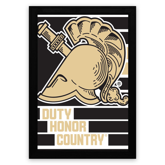 a framed poster with a stylized helmet and the text "DUTY Honor Country" prominently displayed.