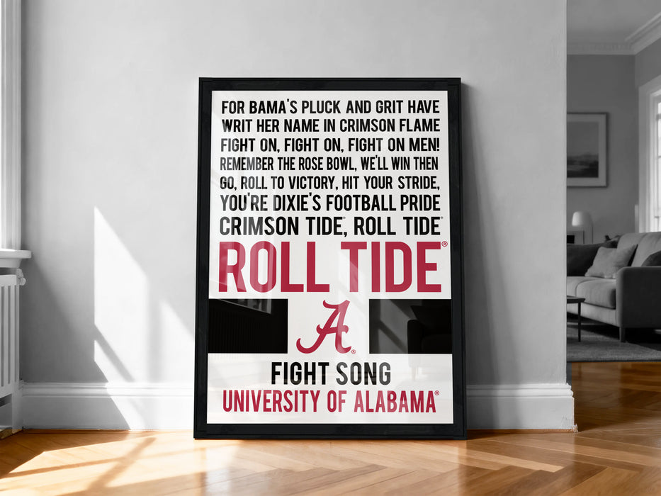 a framed poster with text and a logo for the University of Alabama's football team, the Crimson Tide.