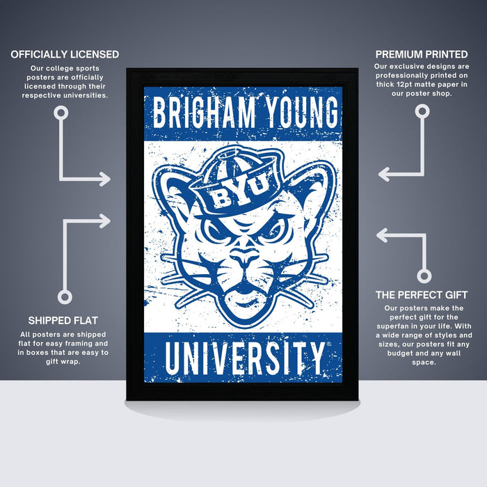 The image is a poster for Brigham Young University, featuring a cat wearing a hat and the university's logo. The poster is described as " Officially licensed" and "Premium printed", indicating that it is a high-quality, professionally printed poster. The poster is also described as "Shipped flat" and "The perfect gift for the college sports fan", suggesting that it is a thoughtful and practical gift for someone who supports the university.