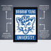 The image is a poster for Brigham Young University, featuring a cat wearing a hat and the university's logo. The poster is described as " Officially licensed" and "Premium printed", indicating that it is a high-quality, professionally printed poster. The poster is also described as "Shipped flat" and "The perfect gift for the college sports fan", suggesting that it is a thoughtful and practical gift for someone who supports the university.