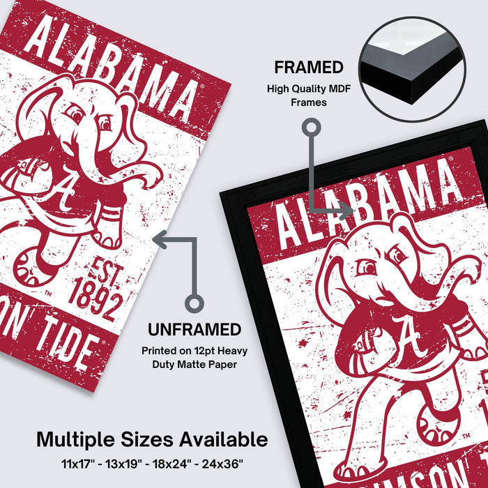 The image is a framed poster of an elephant, with text and graphics related to the Alabama team. The poster is framed and labeled as "FRAMED" and "High Quality MDF Frames". It is also described as "UNFRAMED Printed on 12pt Heavy Duty Matte Paper". The poster is available in multiple sizes, including 11x17, 13x19, 18x24, and 24x36".