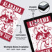 The image is a framed poster of an elephant, with text and graphics related to the Alabama team. The poster is framed and labeled as "FRAMED" and "High Quality MDF Frames". It is also described as "UNFRAMED Printed on 12pt Heavy Duty Matte Paper". The poster is available in multiple sizes, including 11x17, 13x19, 18x24, and 24x36".