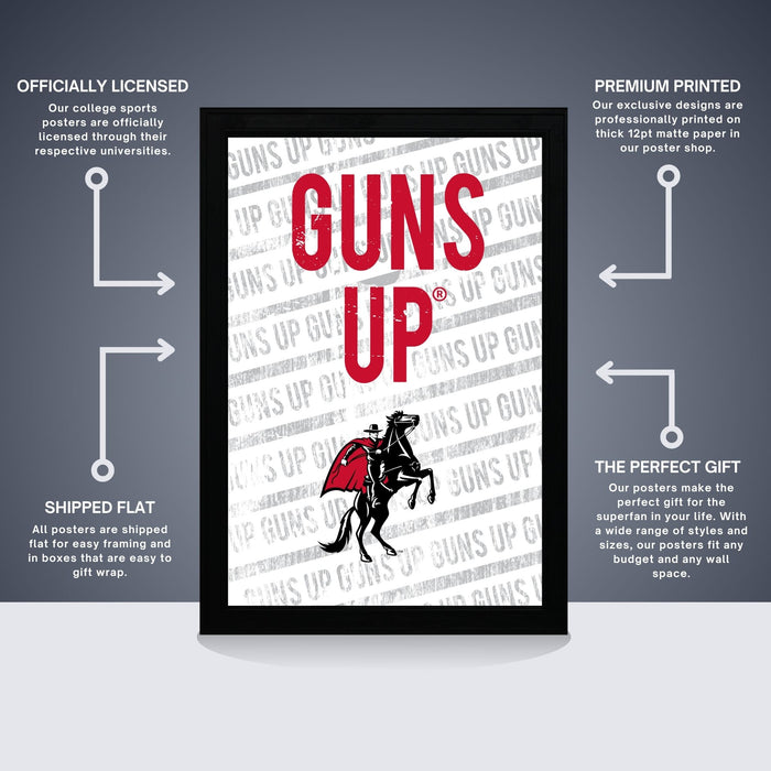 The image is a poster featuring the word "GUNS UP" in bold red letters, with a black silhouette of a person riding a horse. The poster is described as " Officially licensed", "Premium printed", and "The perfect gift". It is also referred to as a "Shipped Flat" and "All posters are shipped in boxes that are easy to gift wrap."