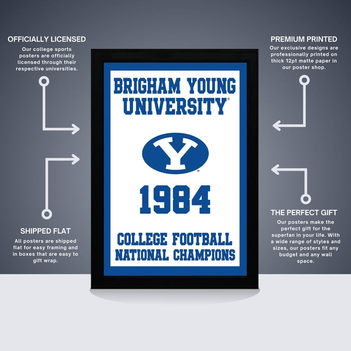 The image is a framed poster from Brigham Young University, featuring the year 1984 and the university's football team as the College National Champions. The poster is labeled as " Officially Licensed" and "Premium Printed", indicating that it is a high-quality, professionally printed poster. The poster is described as a "Shipped Flat" and "The Perfect Gift", suggesting that it is a thoughtful and attractive gift for someone who appreciates college sports and football.