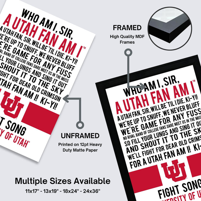 The image is a promotional poster for a Utah song, featuring a framed version and an unframed version of the poster. The poster is printed on a heavy duty matte paper, and multiple sizes are available, including 11x17, 13x19, 18x24, and 24x36" sizes.